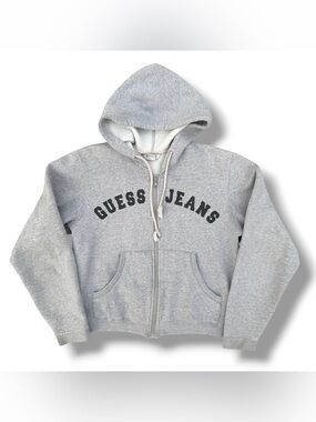 Vintage Y2K Guess Jeans Full Zip Spellout Hoodie Gray Women’s Small Cropped